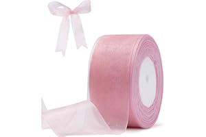 Pink Organza Ribbon for Gift Wrapping, FAKILO 2 Inch Shimmer Sheer Wrapping Ribbon for Bouquet, Wedding, Christmas Gift - 50 