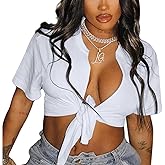 LovelyWholesale Graphic Crop Tops for Women Sexy Tie Front Top Summer Short Sleeve V Neck T Shirt