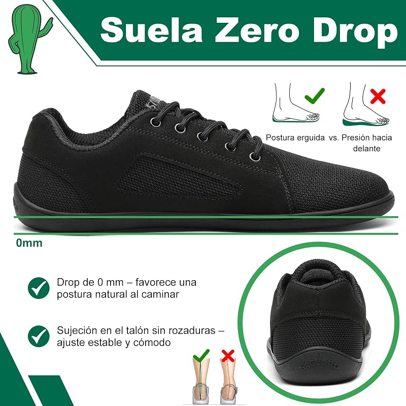 Zapatillas Barefoot Casual Estilo Skate para Hombre y Mujer, Minimalistas Cero Drop con Puntera Ancha, Suela ultraflexible y Antideslizante para Caminar, Trabajo y Viaje Negro,Gr.38