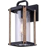 Canarm AKI 1-Light Outdoor Lantern, 7.5-Inch Black Wall Mounted with Wood Accent and Seeded Glass, Rustic Wet-Rated Lighting 