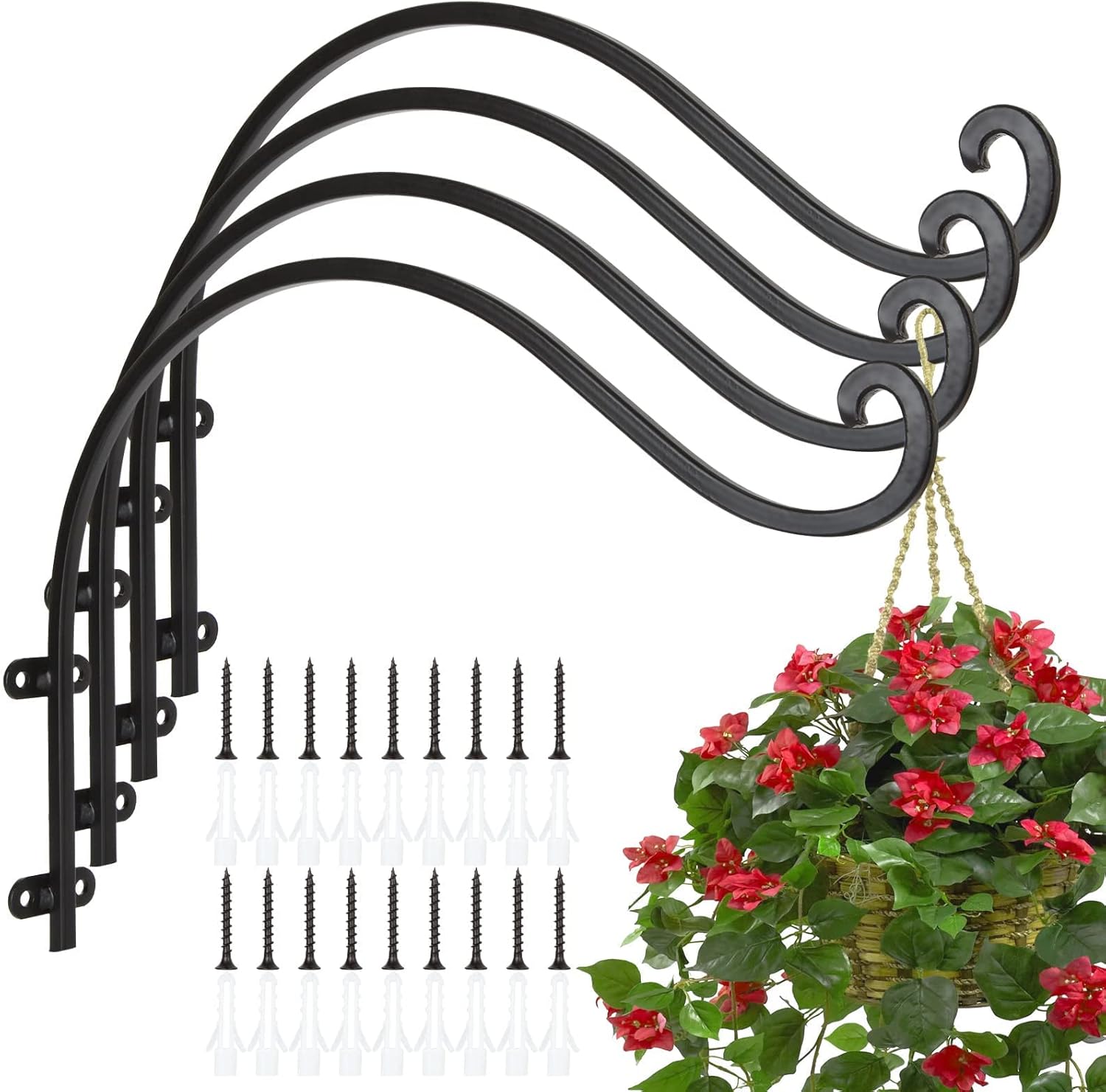 Outdoor Hanging Brackets - 4Pack Heavy Duty Plant Hanger, 16inch Outdoor Hanging Plant Bracket, 60lbs Bearing Capacity Metal Wall Flower Pot Hanger Hooks, Wall Hanging Hooks for Wind Chimes, Bird Feeders, Lanterns