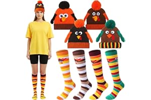 Vicenpal 8 Pcs Thanksgiving Turkey Trot Costume Set Turkey Beanie Hat High Athletic Running Socks for Adults Men Women Party