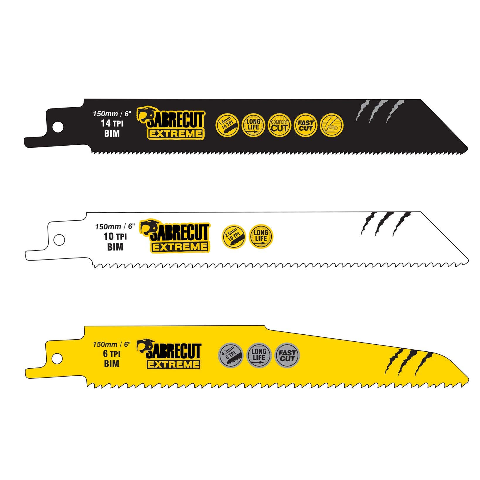 3 x SabreCut SCRSKM3A Mixed 150mm S610DF S922BF S922HF Fast Wood and Metal Cutting Reciprocating Sabre Saw Blades
