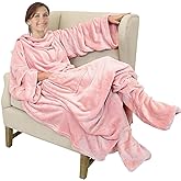 Catalonia Pink Wearable Fleece Blanket with Sleeves and Foot Pockets for Adult Women Men, Micro Plush Comfy Wrap Sleeved Throw Blanket Robe