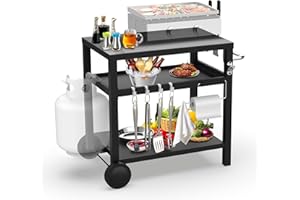 BBQCuker 29.5''x19.6'' Outdoor Grill Cart, Pizza Oven Table Stand, 3-Shelves Food Prep Table for Ninja Woodfire, Ooni Pizza Oven, 17'' & 22'' Blackstone Griddle, Grill Stand for Picnic, Camping