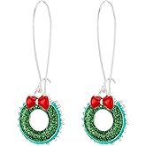 RareLove Red Bow with Green Tiny Wreath Christmas Earrings, Long Dangle Hoop Earrings For Women, Holiday Earrings, Cute Earrings, Christmas Jewelry