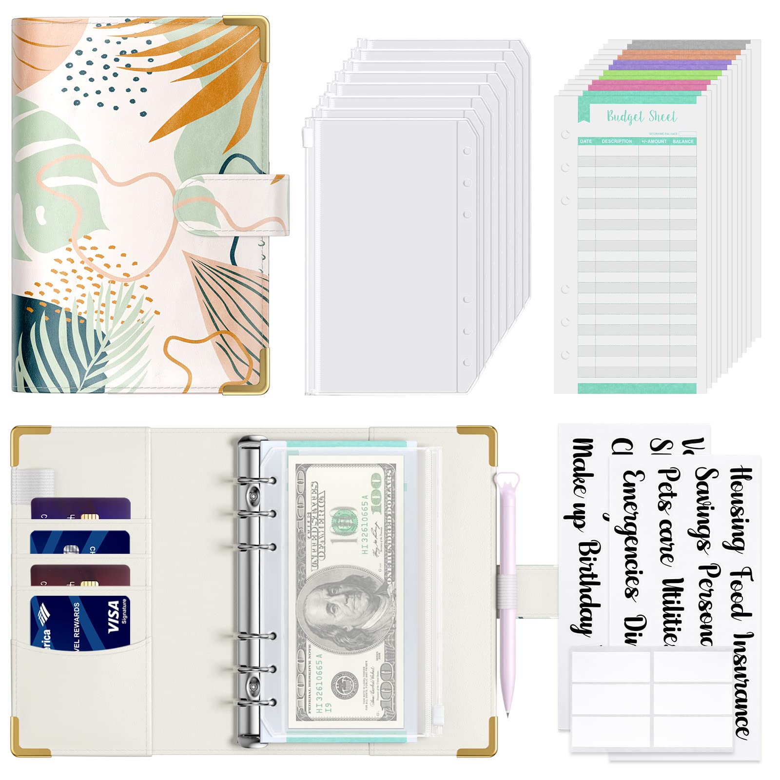 Hnogri Budget Binder with Zipper Envelopes, A6 Money Saving Binder Cash Envelopes for Budgeting, PU Leather Budget Planner Money Organizer for Cash Bills, Floral Budget Wallet for Women, Leaves