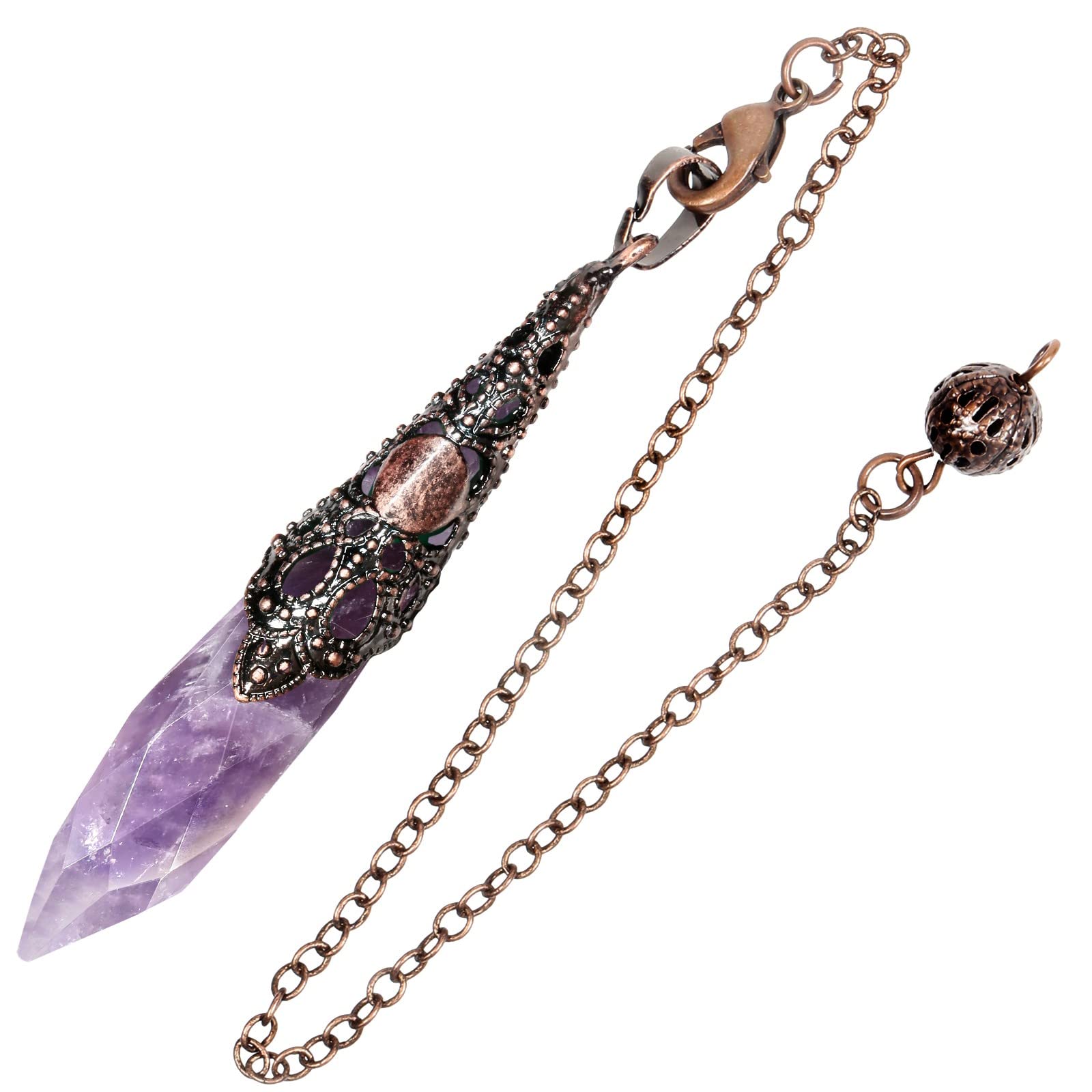 KYEYGWO Crystal Stone Pendulum with Vintage Chain, Crystal Dot Pendant Necklace, Reiki Healing Stone Pendulums for Divination Meditation Scrying Balance, Amethyst