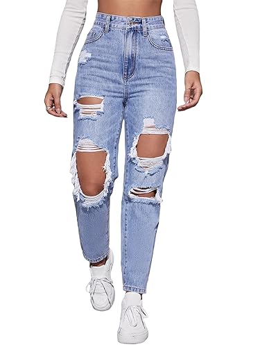 Floerns Women's High Waist Boyfriend Straight Leg Ripped Jeans Distressed  Denim Pants Light Blue Medium in Dubai - UAE | Whizz Jeans