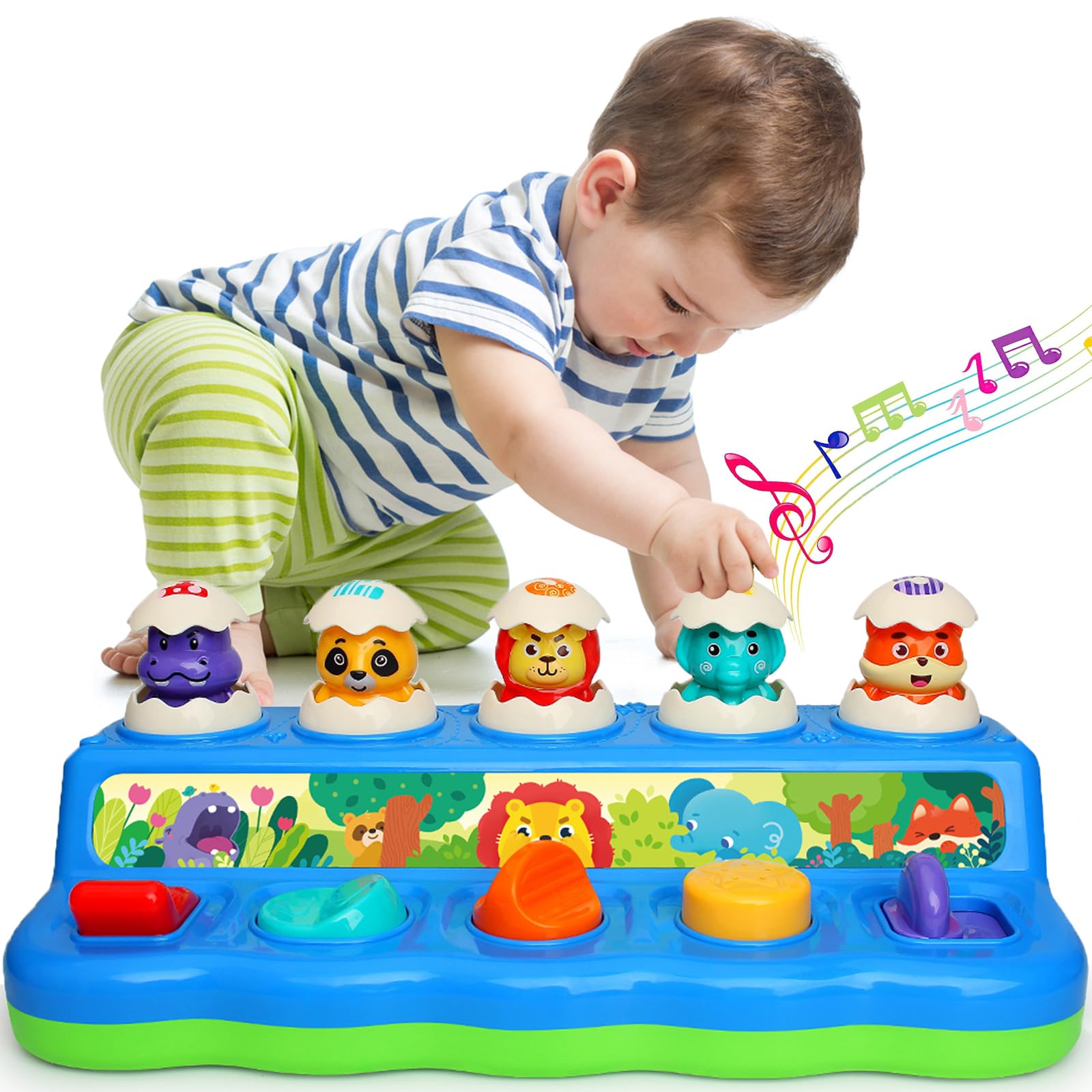 Wanonoo Baby Pop Up Animal Toys with Music & Light, Montessori Cause and Effect Toys for 1 Year Old Boy Girl, Educational Musical Baby 12-18 Months, Interactive Learning Toddler Age 1-2