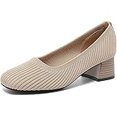 Hodeery Women's Easy Slip-On Square Toe Knit Heels Comfortable Elegant Chunky Low Heel Pumps 1.57 Inches Casual Party Work Wedding Dress Shoes