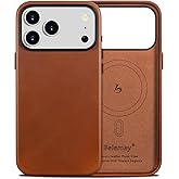 Belemay Handcrafted Full-Grain Vegetable-Tanned Leather Case for iPhone 17 Pro Max, Compatible with MagSafe, Two-Tone Effect, Natural Patina, Camera Control Button, Metal Buttons (6.9"), Saddle Brown