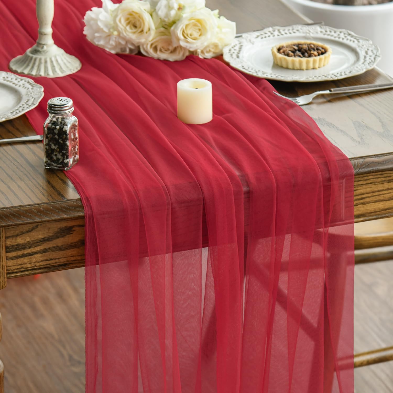 Photo 1 of Artoid Mode Red Gauze Table Runner 120 Inch 10FT, Seasonal Sheer Kitchen Dining Holiday Wedding Birthday Baby Shower Table Decor for Home Party