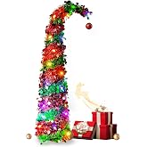 5ft Pop Up Artificial Christmas Tree with 50 LED Lights for Christmas Decor | Red &amp; Green, Whimsical Pre-Lit Christmas Tree, 1 Red Ball, Easy-Assembly, Foldable for Porch, Apartment, Corner, Xmas Decor