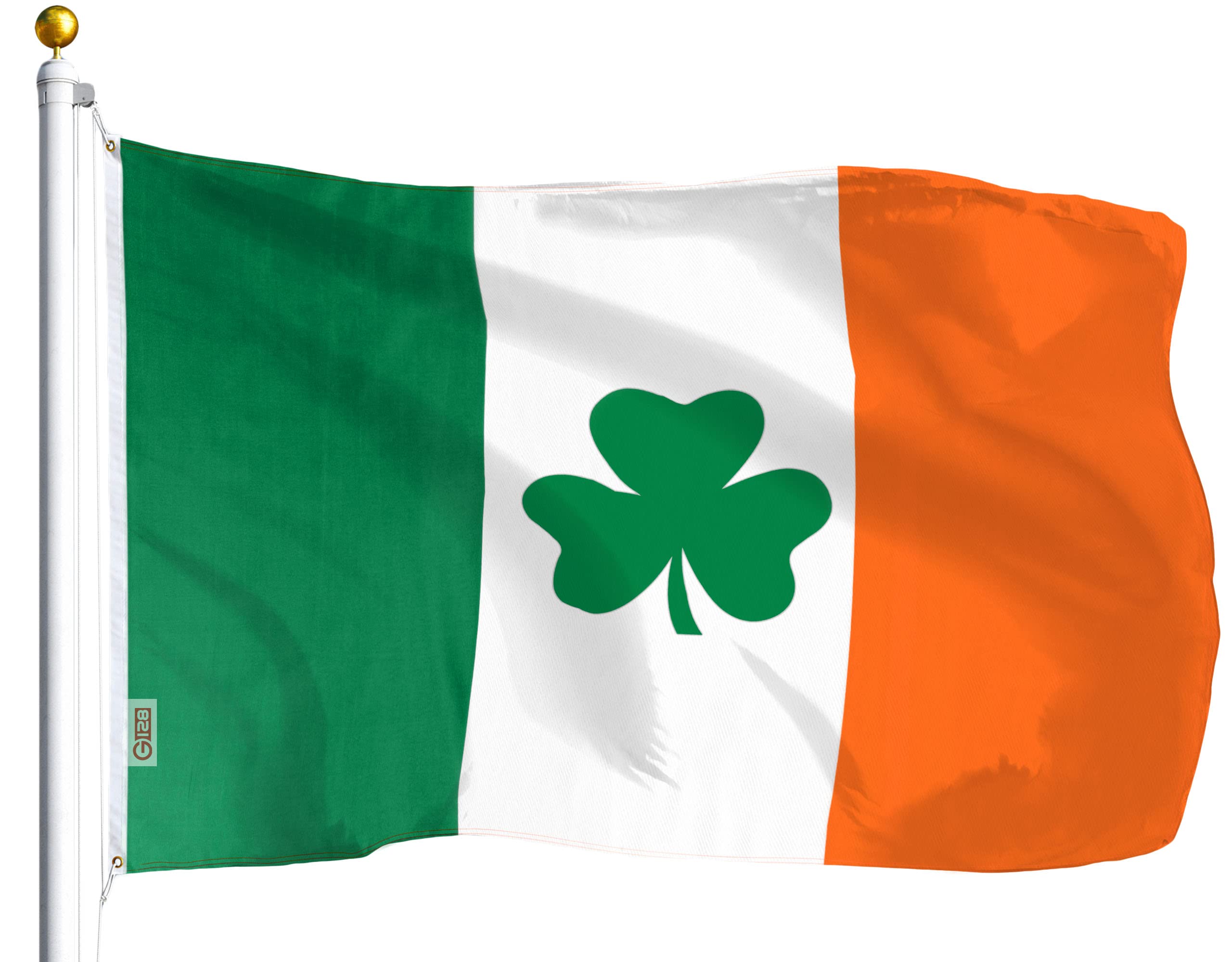 G128 Irish Shamrock Flag 3x5 Ft – St. Patrick’s Day Decor, Fade-Resistant Polyester, Vivid Green White Orange, Brass Grommets, Indoor & Outdoor Ireland Decorations