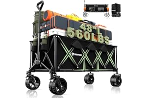 Hikemoon 48"L Collapsible Wagon Cart Foldable, 560LB Weight Capacity 300L Heavy Duty Folding Beach Wagon with All-Terrain Big Wheel, Utility Wagon for Grocery, Shopping, Garden, Sports, Camping, Black