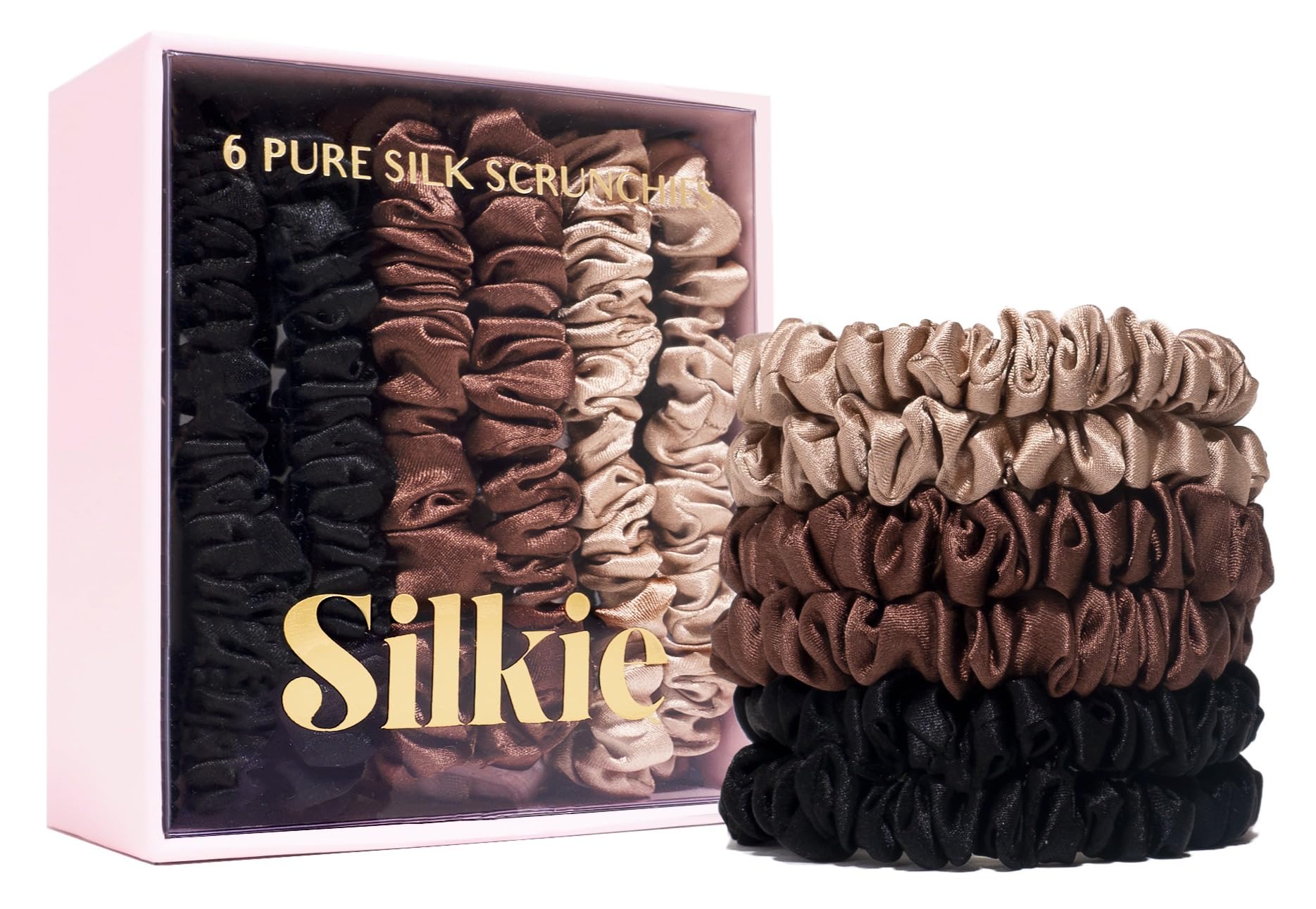 SILKIE x6 Set 100% Pure Mulberry Silk Black Brown Chocolate Pink Nude Neutral Skinny Scrunchies Travel Pouch Everyday Hair Ties Elastics Hair Care Ponytail Holder No Damage (Truffle) — image 1