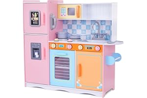 Lil' Jumbl Kids Kitchen Set, Pretend Wooden Play Kitchen with Chalk Board, Play Phone, Towel Rack & Ice Dispenser, Clicking Knobs, Pots & Utensils Included - Colorful