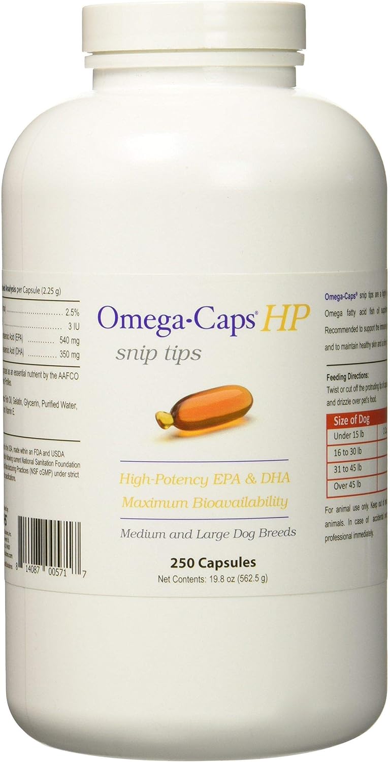 PHS Omega-Caps High-Potency (HP) Snip Tips for Medium and Large Dogs - Omega-3 Fatty Acids, Vitamins, Antioxidants - Supports Immune System, Joints, Heart, and Brain - Made in USA - 250 Capsules