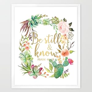 Eleville 8X10 Be still and know Real Gold Foil and Floral Watercolor Art Print (Unframed) Bible verse art Nursery decor wall art Scripture art Home Motivational Birthday Wedding Holiday Gift WG082