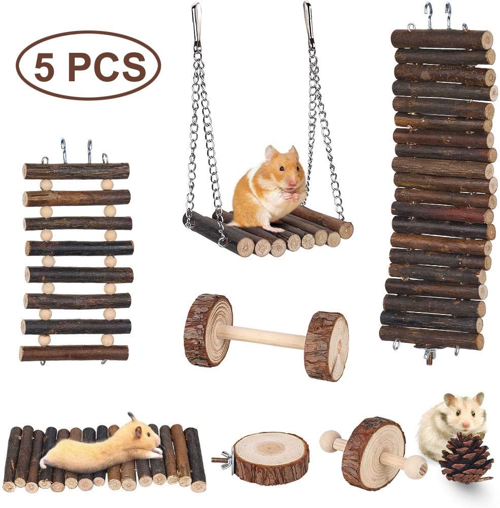 Ewolee Hamster Hanging Toy, Wooden Hammock Swing Climbing Ladder House Nest Toys, Small Animal Chew Toys for Guinea Pigs Chinchilla Hamster Mice Parrots