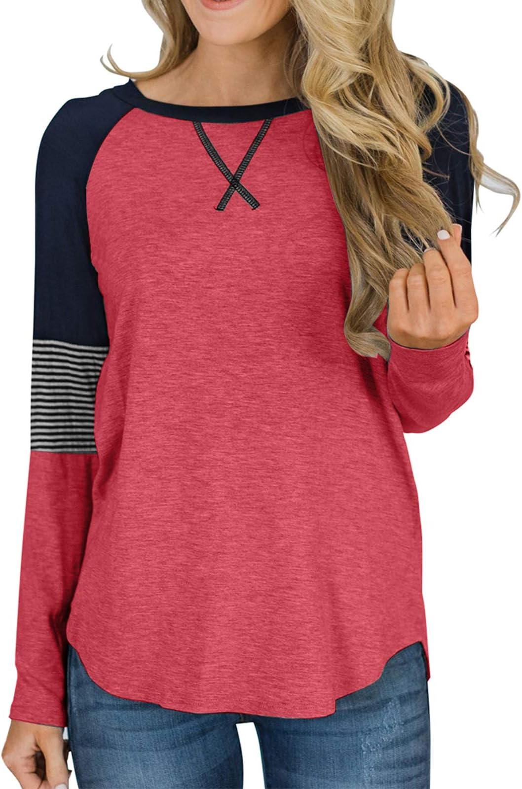 HilltichuWomens Color Block Round Neck Tunic Tops Casual Long Sleeve Shirt Blouse