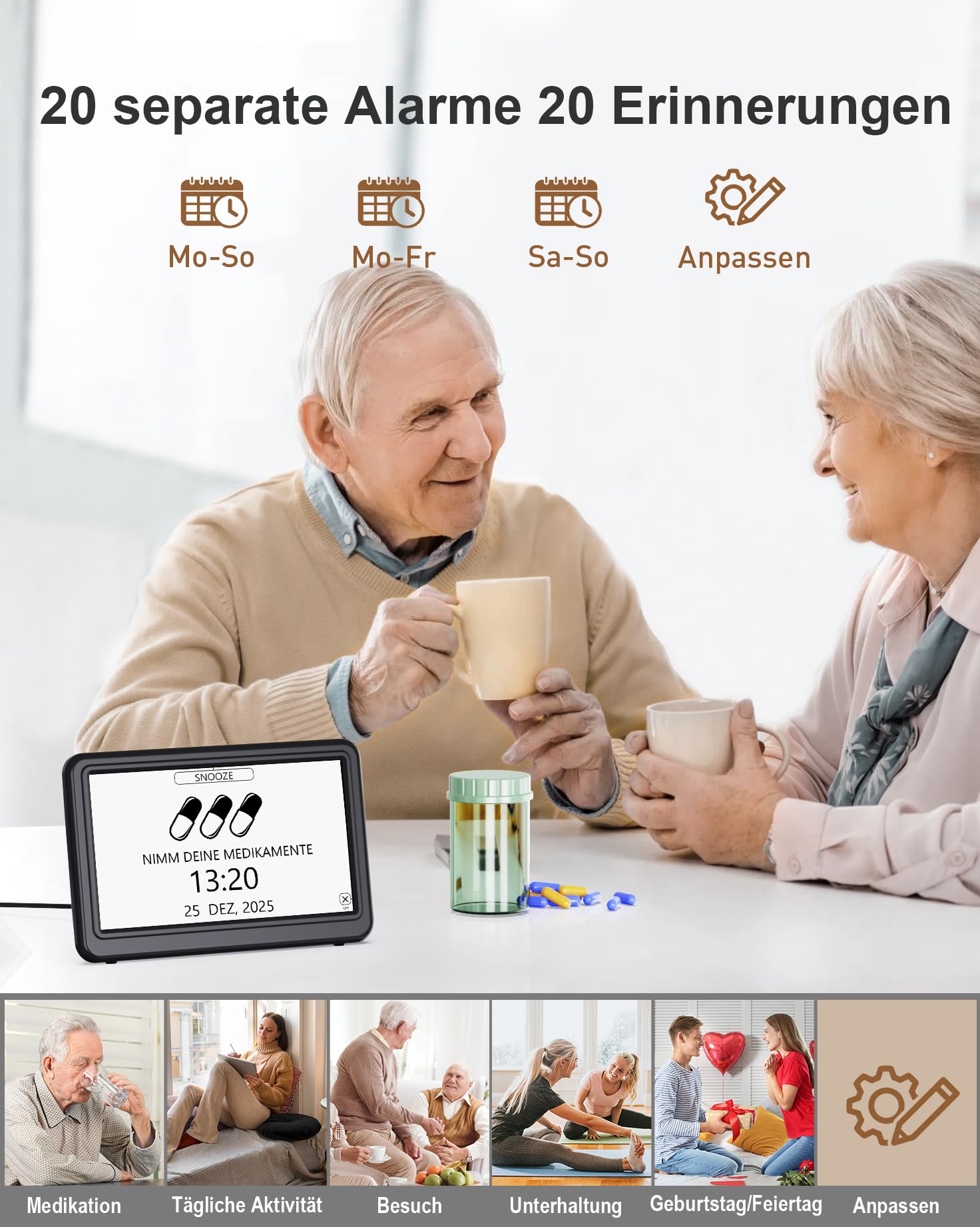 Roxicosly Digitaler Kalender, Elektronischer Tag Datum Wecker, Digital Uhr mit 20 Benutzerdefinierte Erinnerungen, 20 Wecker, 12 Themen, 10 Stufen Dimmer, 7 Zoll, Demenz Uhr für Senioren (Netzbetrieb) 5