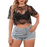 Floerns Women's Plus Size Sheer Mesh Short Sleeve Crop Top T Shirt Without Bra
