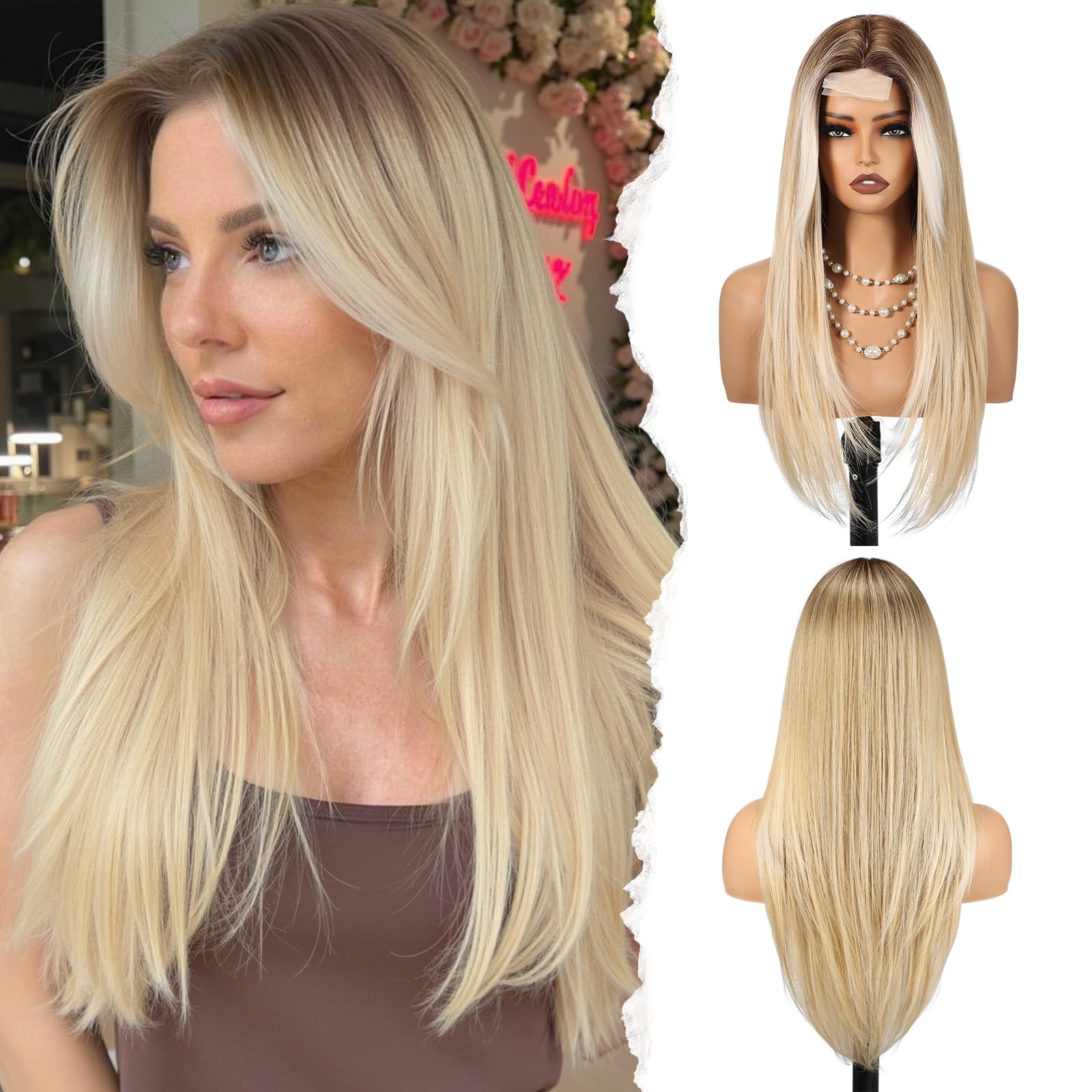 WOKESTAR Long Wigs for Women Synthetic Heat Resistant Hair with Fringe Natural Wigs for Daily Use Blonde with Highlights Color