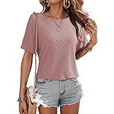 Dokotoo Women's Casual Crewneck Short Sleeve Hollow Out Lace Shirts Summer Eyelet Tunic Tops Blouses