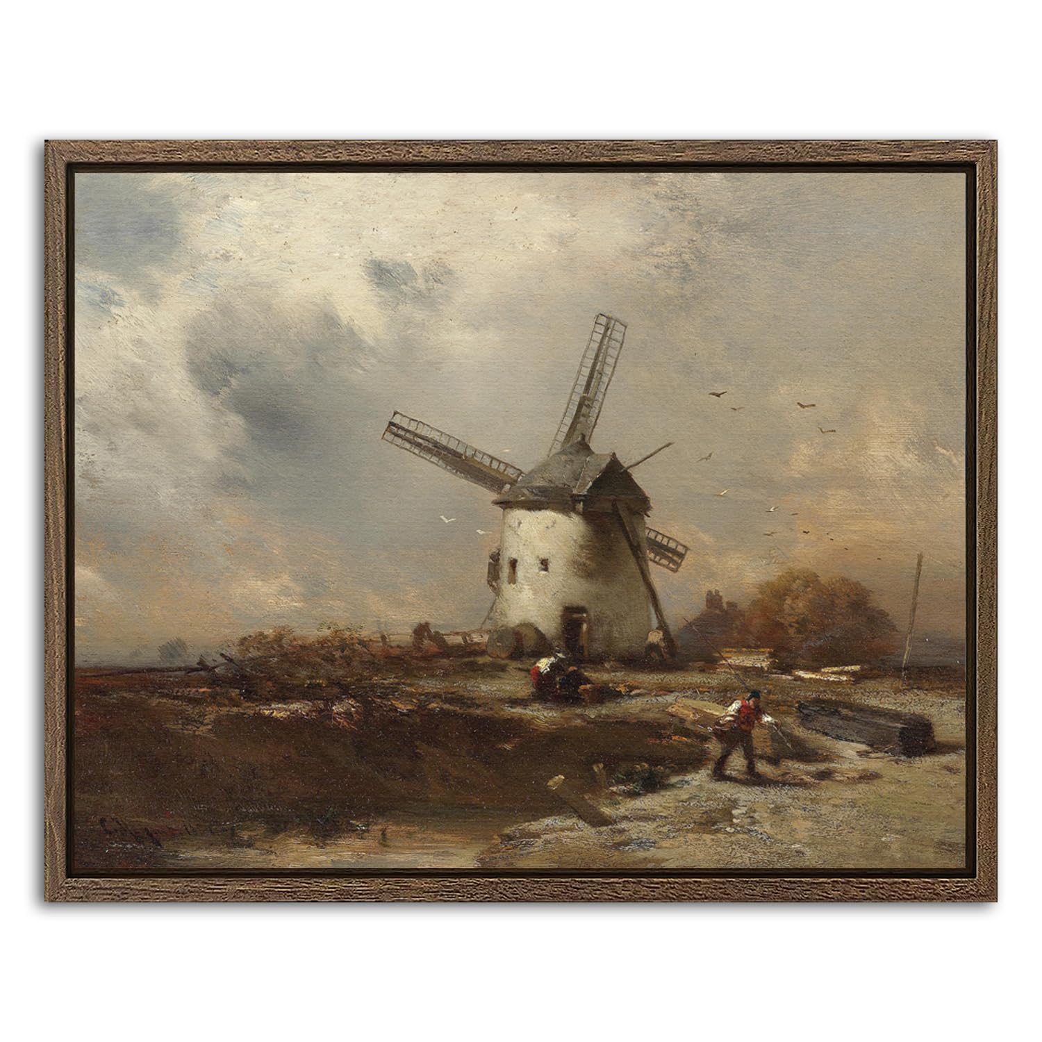 Vintage Windmill Wall Art for Living Room French Country Landscape Canvas Prints Rustic Farmhouse Scenery Wall Decor Retro Classical Painting Framed Artwork for Bedroom Office Home Decorations 20x25cm