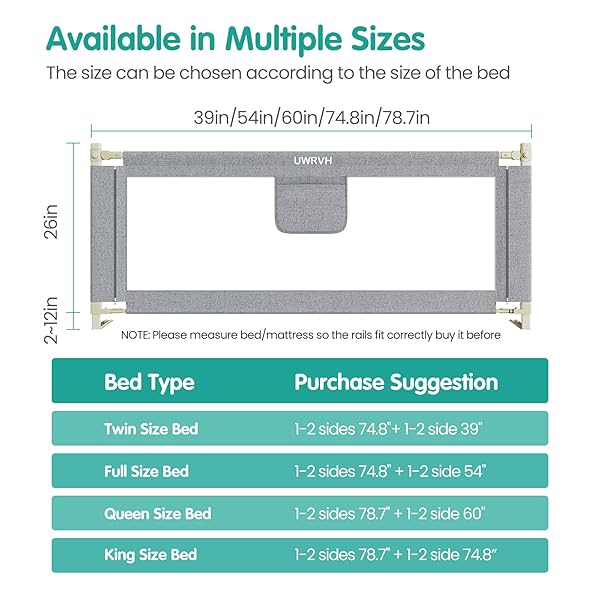 UWRVH BED RAILS FOR TODDLERS，TODDLER BED RAILS，BED RAIL FOR BABY – ADJUSTABLE HEIGHT BED GUARD WITH CHILD SAFETY LOCK, UNIVERSAL FIT FOR KING/FULL/TWIN BEDS (GREY, 1 SIDE 74.8INCH)