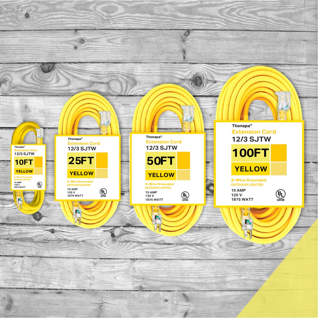 Thonapa 100ft Heavy Duty Outdoor Extension Cord - 12/3 Yellow, 3-Prong, Weatherproof For Yard Tools & Appliances