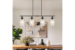 VERRON Dining Room Light Fixture Over Table, 4-Light Kitchen Island Lighting Hanging, Farmhouse Linear Chandelier for Dining Room, Matte Black Pendant Light Fixtures with Clear Glass Shade for Kitchen Island