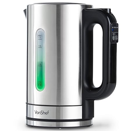 VonShef 1,7L Wasserkocher mit Temperaturwahl | 5 Verschiedenen Temperatureinstellungen, Edelstahl und LED-Beleuchtung | 2200W