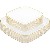 bUCLA 50PCS White and Gold Plastic Plates Disposable - Square Gold Heavy Duty - Include 25 Each (Dinner & Dessert) Plates for Party & Wedding