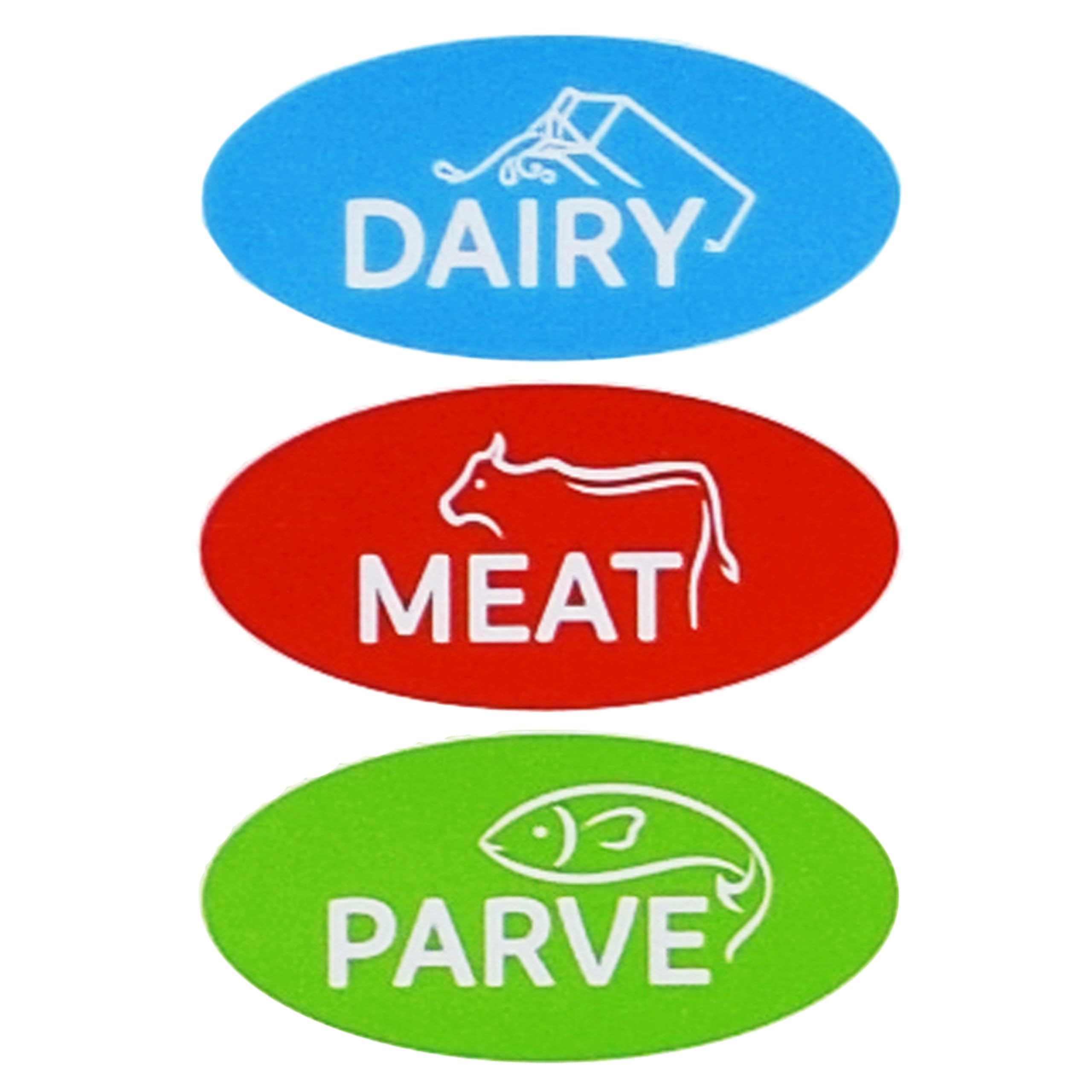 36 Assorted Kosher Labels - 12 Blue Dairy, 12 Red Meat, 12 Green Parve Stickers -Oven Proof up to 500°, Freezable, Microwavable, Dishwasher Safe, English - Color Coded Kitchen Tools by The Kosher Cook