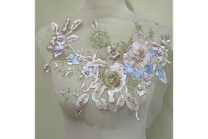 FEEPOP 3D Embroidered Patches Nail Bead Tulle Applique Flower Patch for Clothing Wedding Dress Lace C Fabric DIY Decoration (Blue + Pink)