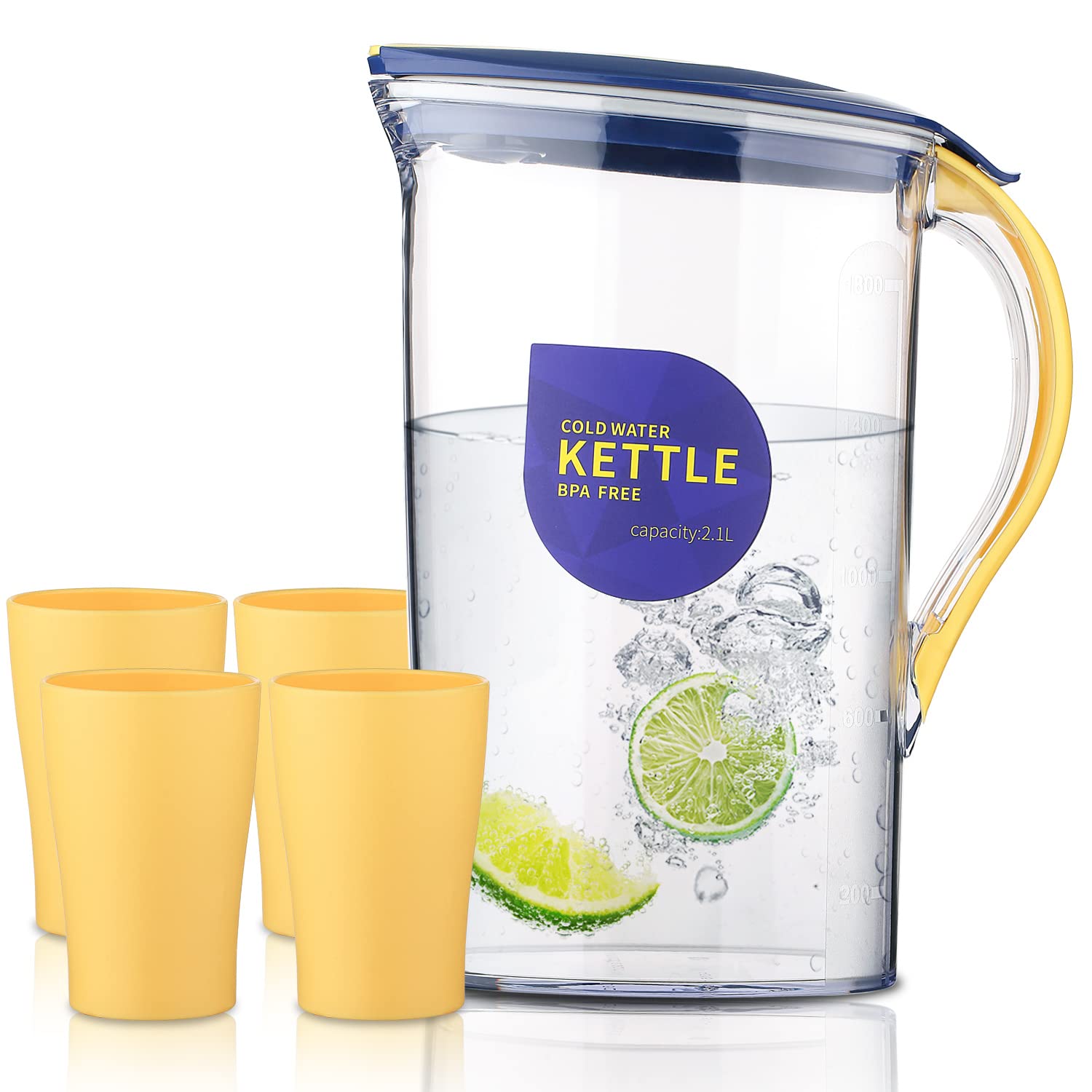 Berglander Fridge Door Water Pitcher with Lid and 4 Cups Perfect for Making Tea, Juice and Cold Drink, 2.1L Water Jug Made of Clear PET, No Smell Clear Plastic Water Carafe BPA Free