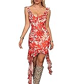 ABMOIU Women's Sexy V Neck Mini Dress Sleeveless Backless Ruffles Hem Mesh Bodycon Club Party Short Dresses
