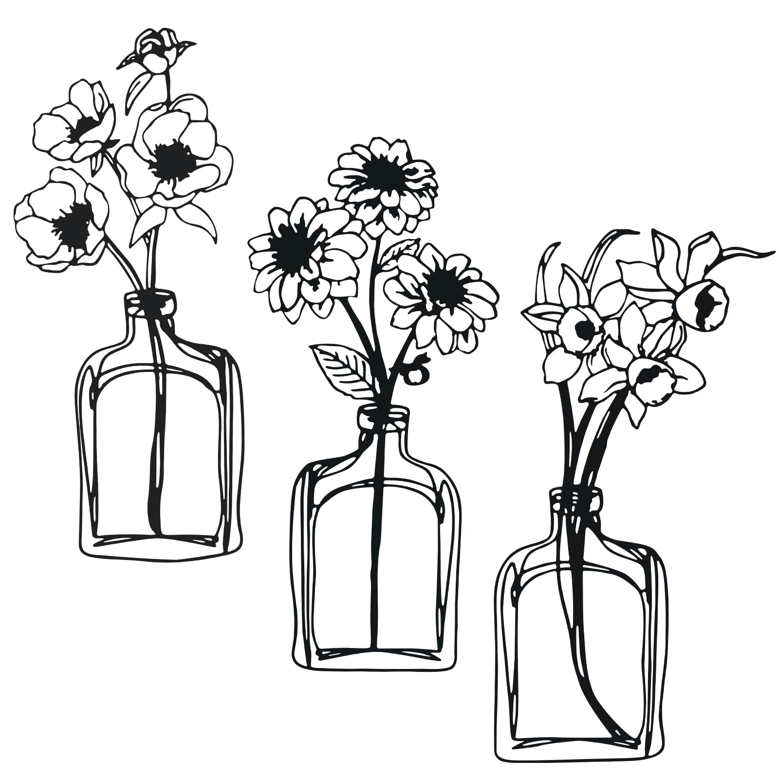 SEGNAYEN Metal Flowers Wall Art Décor, 3 Pieces Minimalist Floral Wall Art for Indoor Bathroom Kitchen Bedroom Living Room, Black Flower in Vase Wire Wall Hanging Decoration for Outdoor Patio Balcony