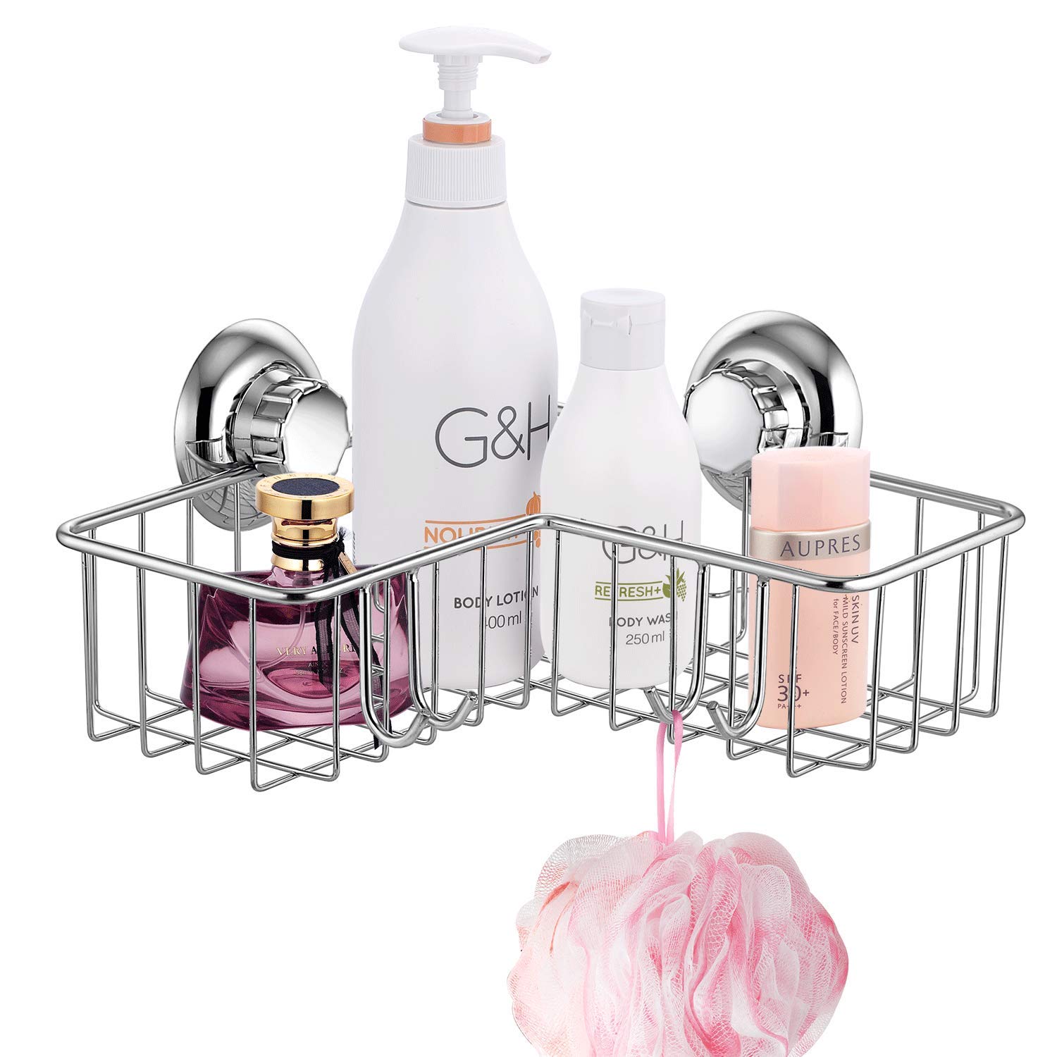 MaxHold No-Drilling/Suction Cup Deep Corner Storage Basket with 4 Hooks - Vaccum System - Stainless Steel Never Rust - for Bathroom & Kitchen