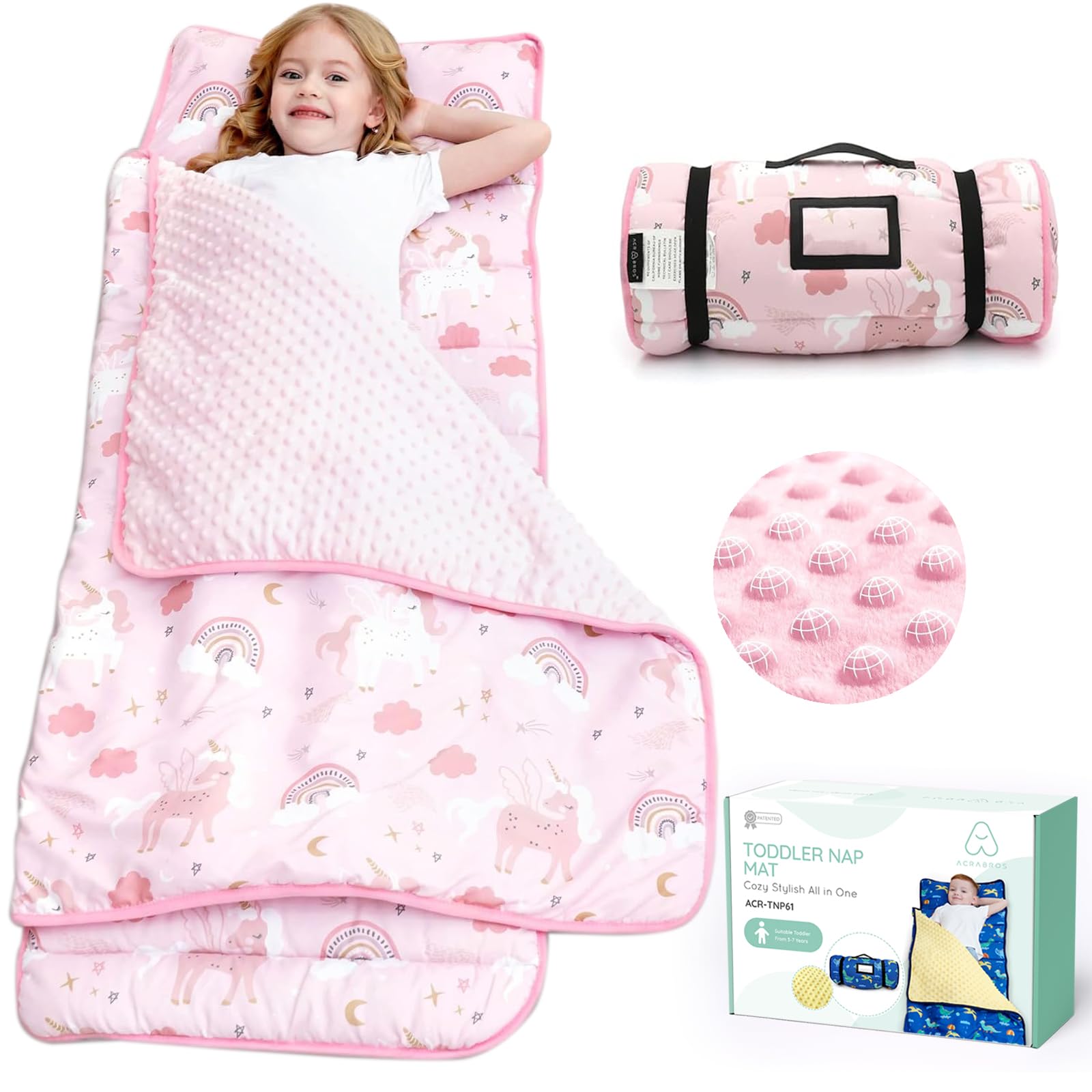 Photo 1 of ACRABROS Toddler Nap Mat with Pillow and Blanket, Extra Large Rolled Napping Mats,Slumber Bags for Boys Girls,Kids Sleeping Bag for Daycare, Preschool Travel Camping, Unicorn