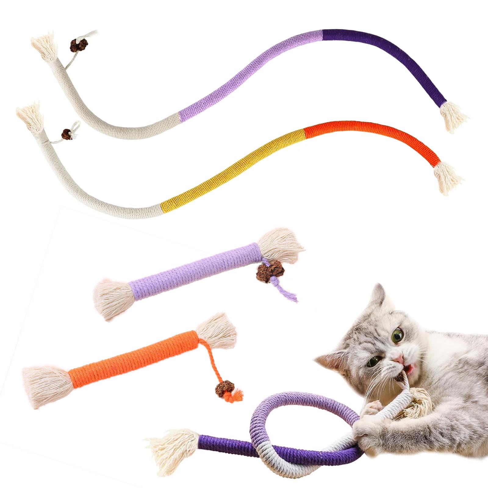 SSKHE 4 PCS Catnip Toy Bite Rope, Cotton Rope Cat Toys, Interactive Cat Toy, Kitten Teething Chew Toy Rope, for Indoor Cat Teeth Cleaning Kitten Teething and Stress Release