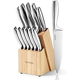 CAROTE 12-Piece Knife Set, All-Stainless Steel Knife Block Set, Kitchen Knives with Wooden Block, Razor-Sharp and Ergonomic, Dishwasher Safe