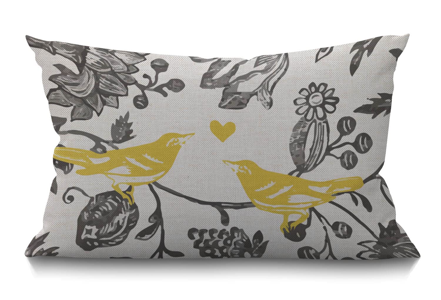 BGBDEIA Trendy Yellow Gray Ivory Vintage Floral Bird Cushion Cover Farmhouse Flower Branches Decorations Pillow Cover Case for Sofa Couch Cotton Linen 30 x 50 cm 12x20 Inches