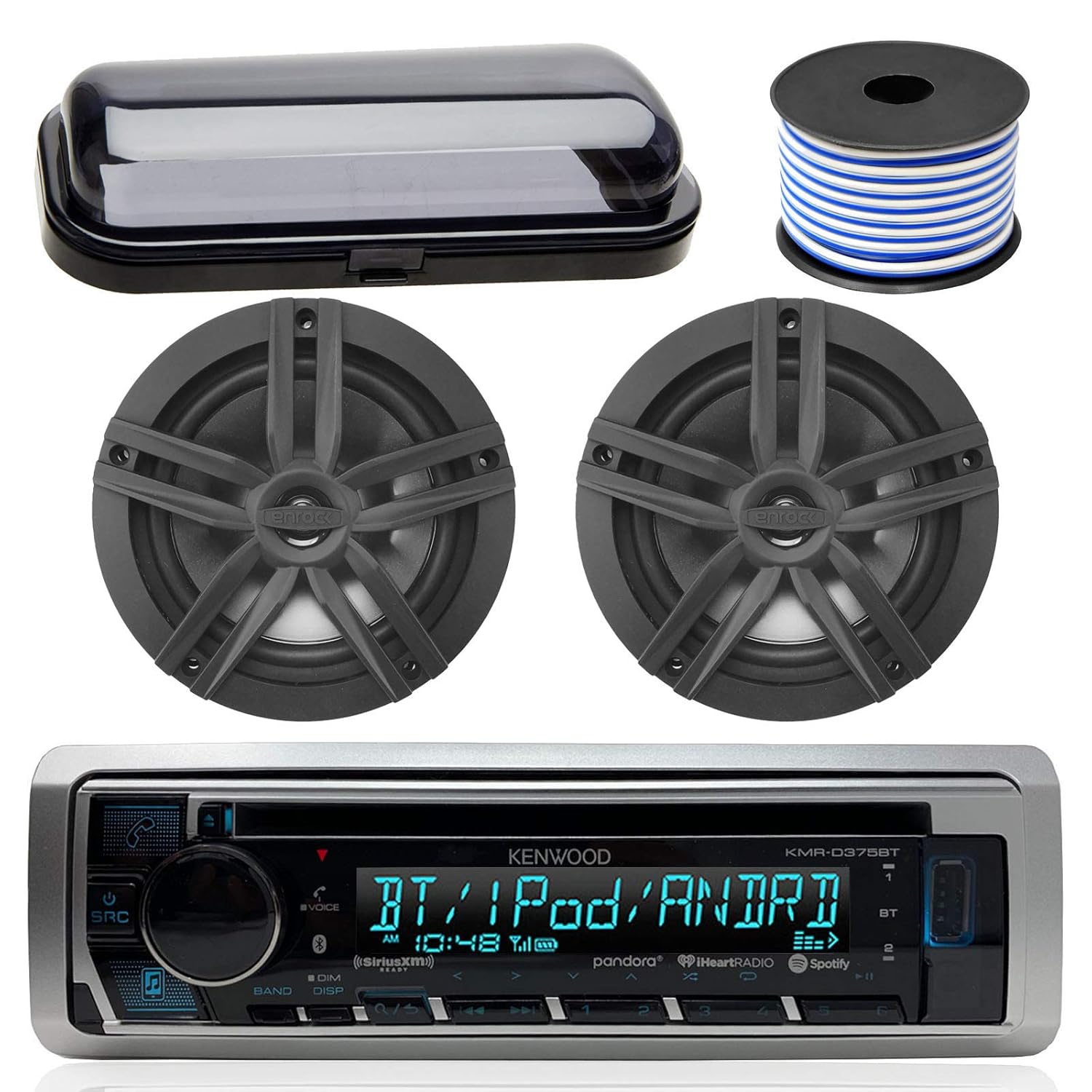 Kenwood Bluetooth CD Radio Receiver In-Dash Marine Boat Audio Bundle with Pair of Enrock 6.5" Dual-Cone Stereo Speakers, Stereo Waterproof Cover, 18g 50ft Speaker Wire (Black / Chrome)