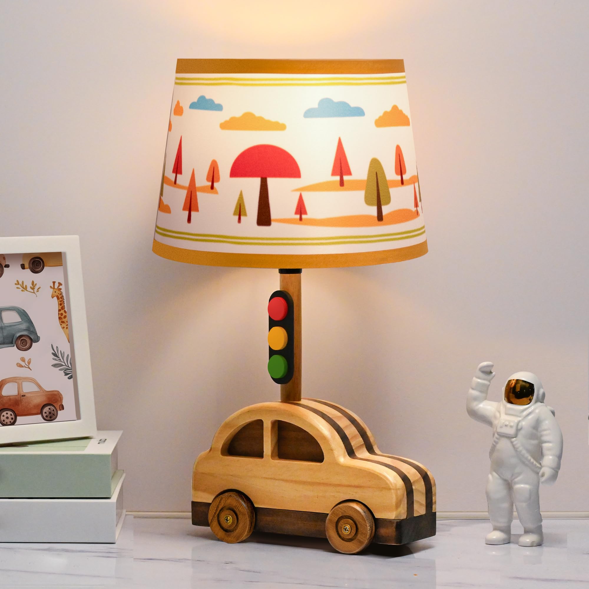 Photo 1 of crossmoon Kids' Dimmable Table Lamp, UL/ETL Certified Child Safe Natural Wood Car Stoplight Creative Design, 15 Inch Tall Handmade Small Nursery Lamp, Gift for Toddler Boys Girls (Car)