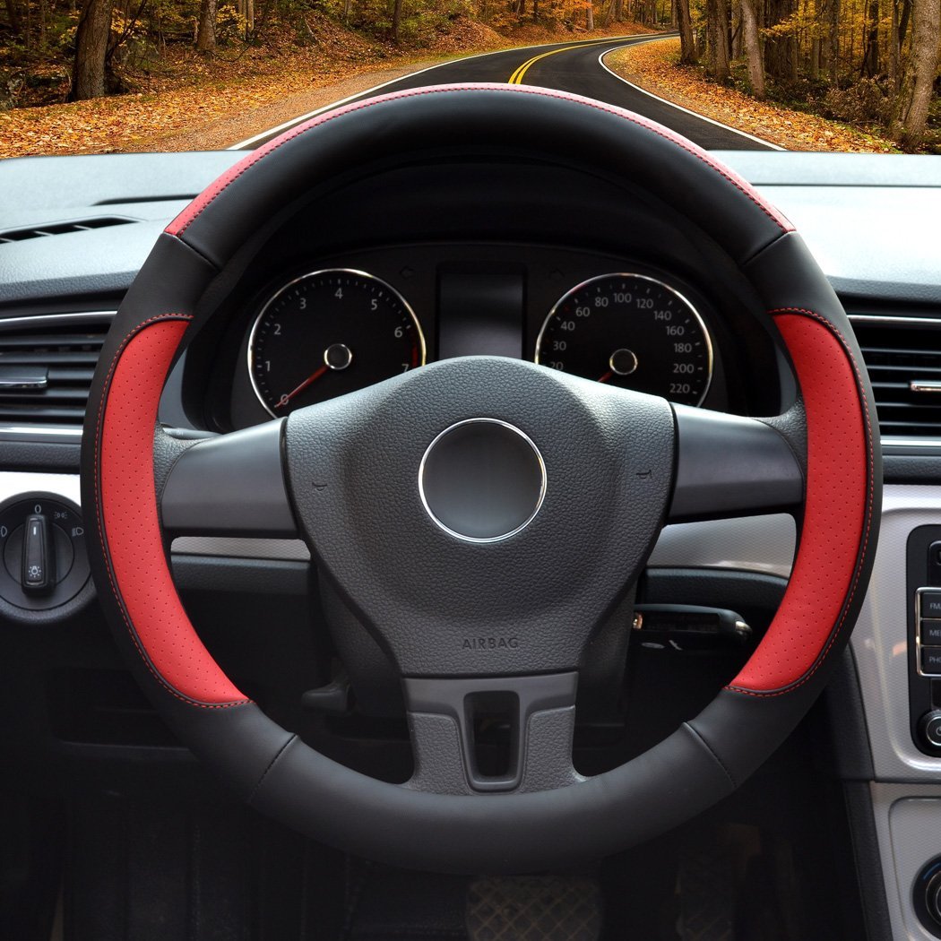 Car Steering Wheel Cover,Diameter 14 inch,PU Leather,for Full Seasons,black and red,Size S