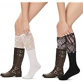 Josojoou 2 Pairs Lace Knee High Socks for Boots, Lace Knee High Socks, Splicing Design Laces Boot Sock (Black, White)